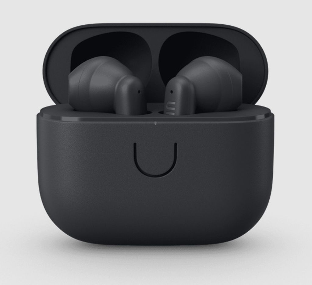 A pair of black wireless earbuds in their charging case.