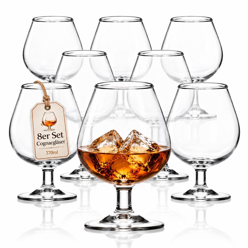 8er Set Cognacgläser 370 ml – Bauchige Cognacschwenker aus Produktbild  KI-generiertes Bild