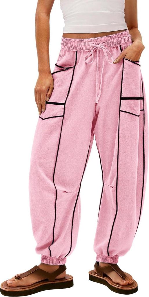 ASKSA Damen Hose Trainingshose Kordelzug Baggy Jogginghose Y2K Patchwork Loose Fit Stretch High Waist Streetwear Sporthose (Rosa,L)