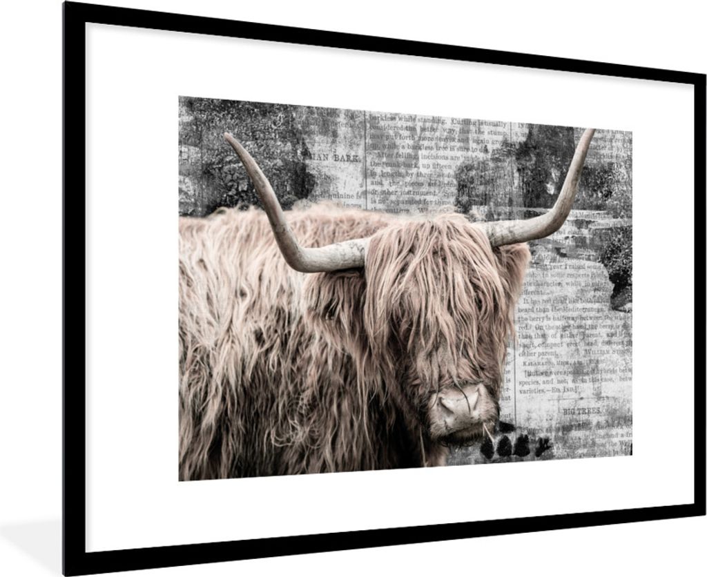 MuchoWow Gerahmtes Poster Schottischer Highlander - Kuh - Retro 90x60 cm - Poster mit Schwarzem Bilderrahmen Wandposter Rahmen Foto Bilder - Wand...