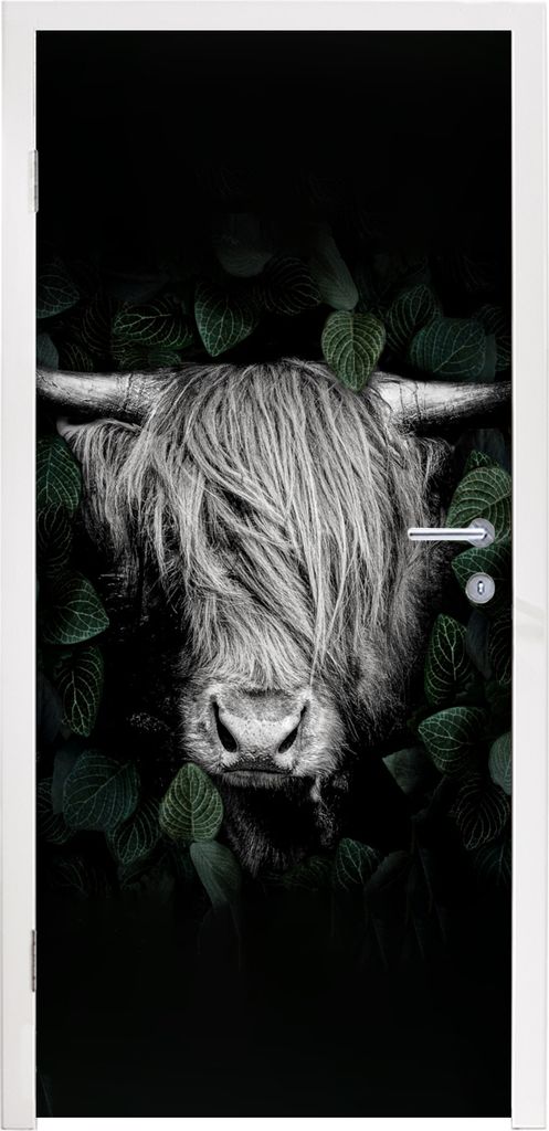 MuchoWow Türtapete Selbstklebende Türfolie Schottischer Highlander - Blätter - Porträt 90x215 cm Türposter Türaufkleber Klebefolie Türkleb...