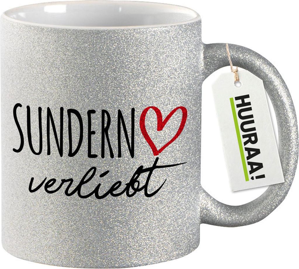 Huuraa Glitzertasse Sundern Sauerland verliebt 330ml Silber Keramik Kaffeebecher Geschenkidee