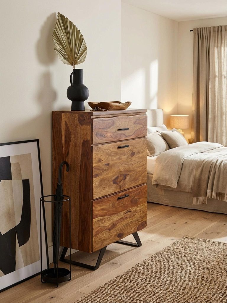 Kommode 80x120x41,5 cm Sheesham Massivholz / Metall Flurkommode, Sideboard Highboard mit Baumkante, Kommodenschrank Holz Modern, Standschrank Anric...