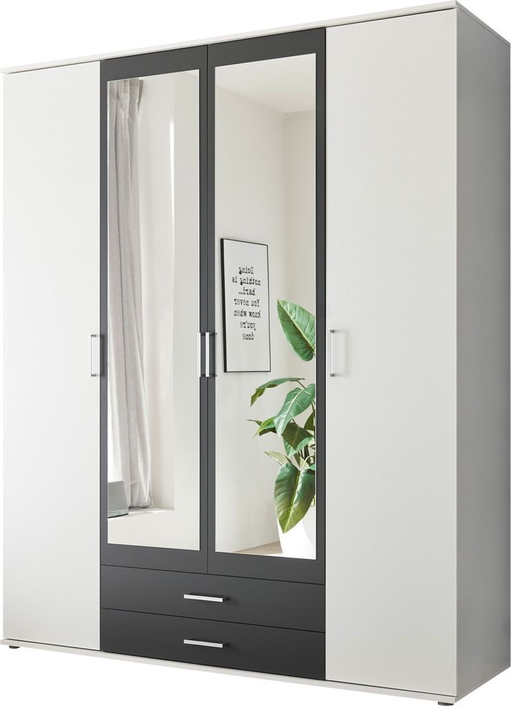 Kleiderschrank "Hanau" in Weiß / Graphit mit 2 Schubladen und 4 Türen. Abmessungen (BxHxT) 160x196x54 cm