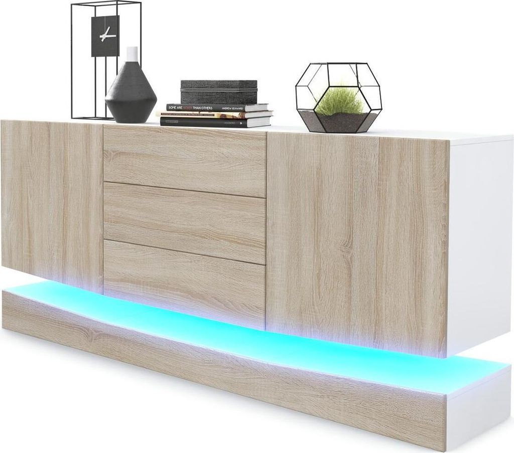 Vladon Sideboard City, Germany, Weiß matt/Eiche sägerau inkl. LED - Moderne Kommode für Ihr Wohnbereich (178 x 72 x 38 cm)