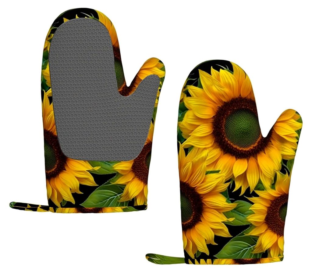 Bedruckte Ofenhandschuhe mit Sonnenblumenmotiv, hitzebeständig und rutschfest, 1 Paar