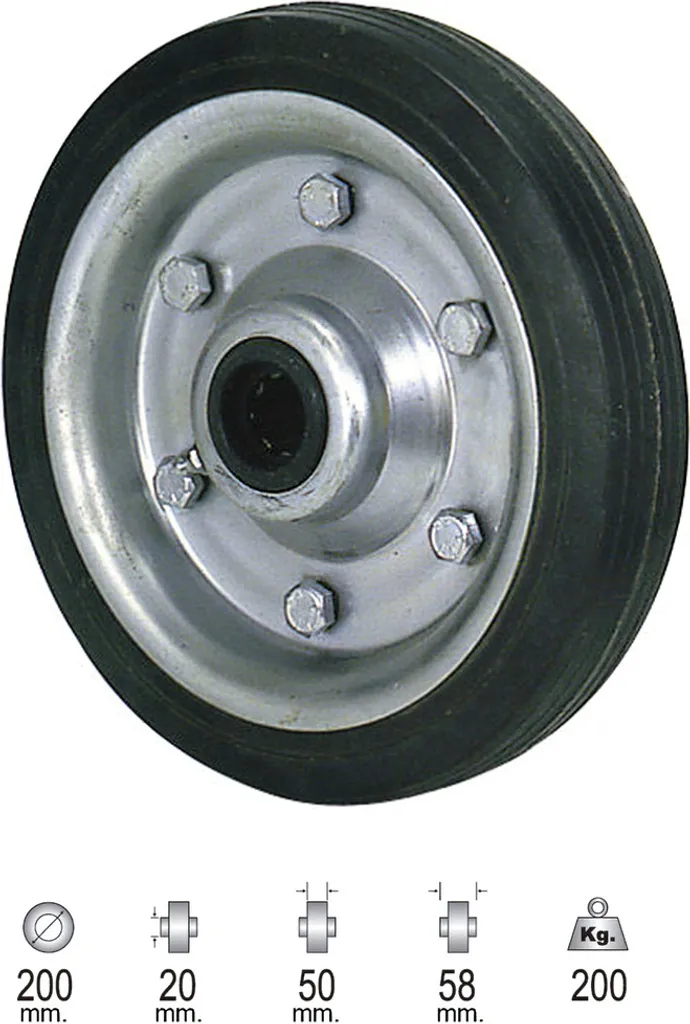 Nero, ruota industriale in gomma senza asse 200 mm.
