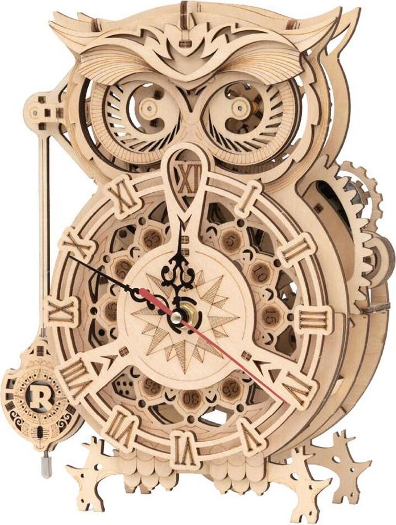 A wooden 3D mechanical owl clock.