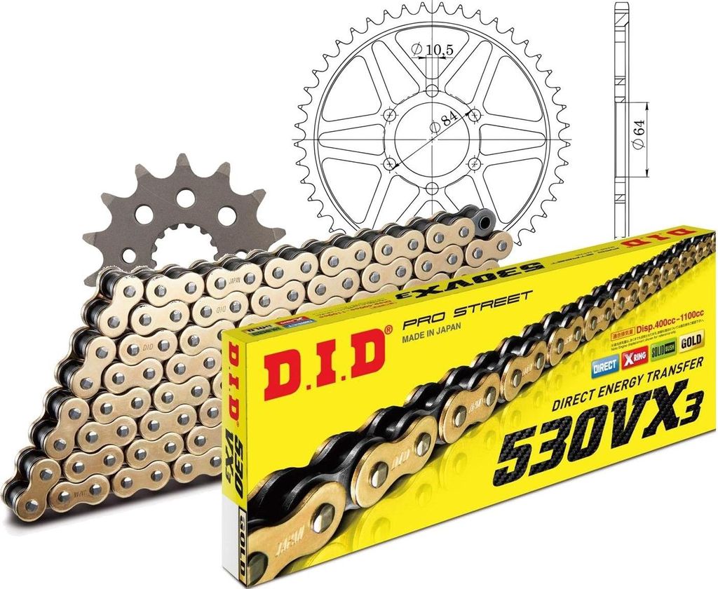 Kit Stahl passend für Suzuki GS500 (int. Ø64mm) 80-81 14-50-108 DID530VX3(G&B) Niet