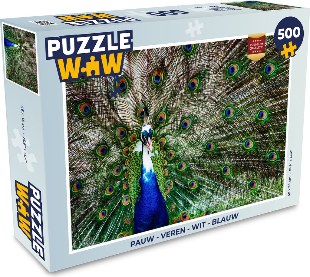 MuchoWow Puzzle 500 Teile Pfau - Federn - Weiß - Blau - 500 Teile - Kinder - Selberbauen - Puzzlespiele