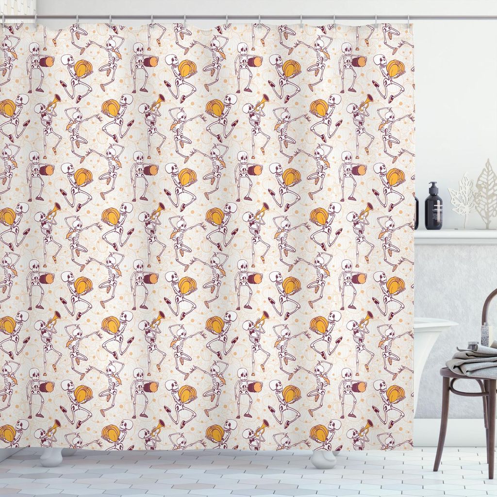 ABAKUHAUS Skelett Duschvorhang, Halloween Themed Figuren Tanzen und Wiedergeben von Musik mit Pumpkins, 175 x 200 cm, Getrocknete Rose blasses Orange