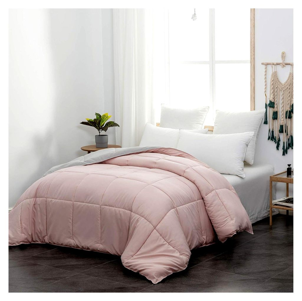 Bettdecke 220x240 cm - Antiallergische Steppdecke aus 100% Mikrofaser, Double Face Rosa/Rauch