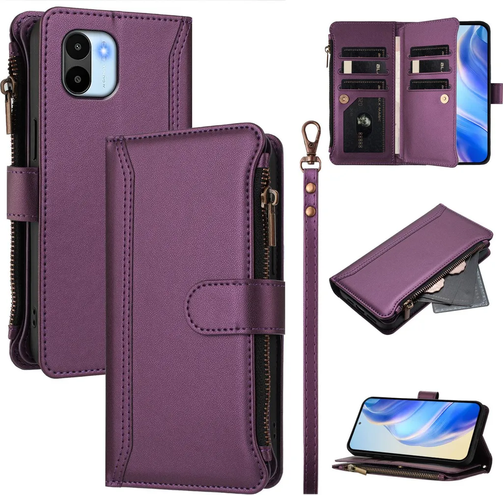 Custodia per Xiaomi Redmi A1/Redmi A2, con cerniera, portafoglio, custodia flip in Finto cuoio con tasche per carte, supporto e passante per mano Viola