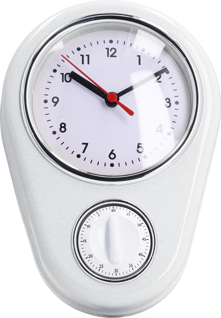 A white kitchen timer and clock mounted on a white background.