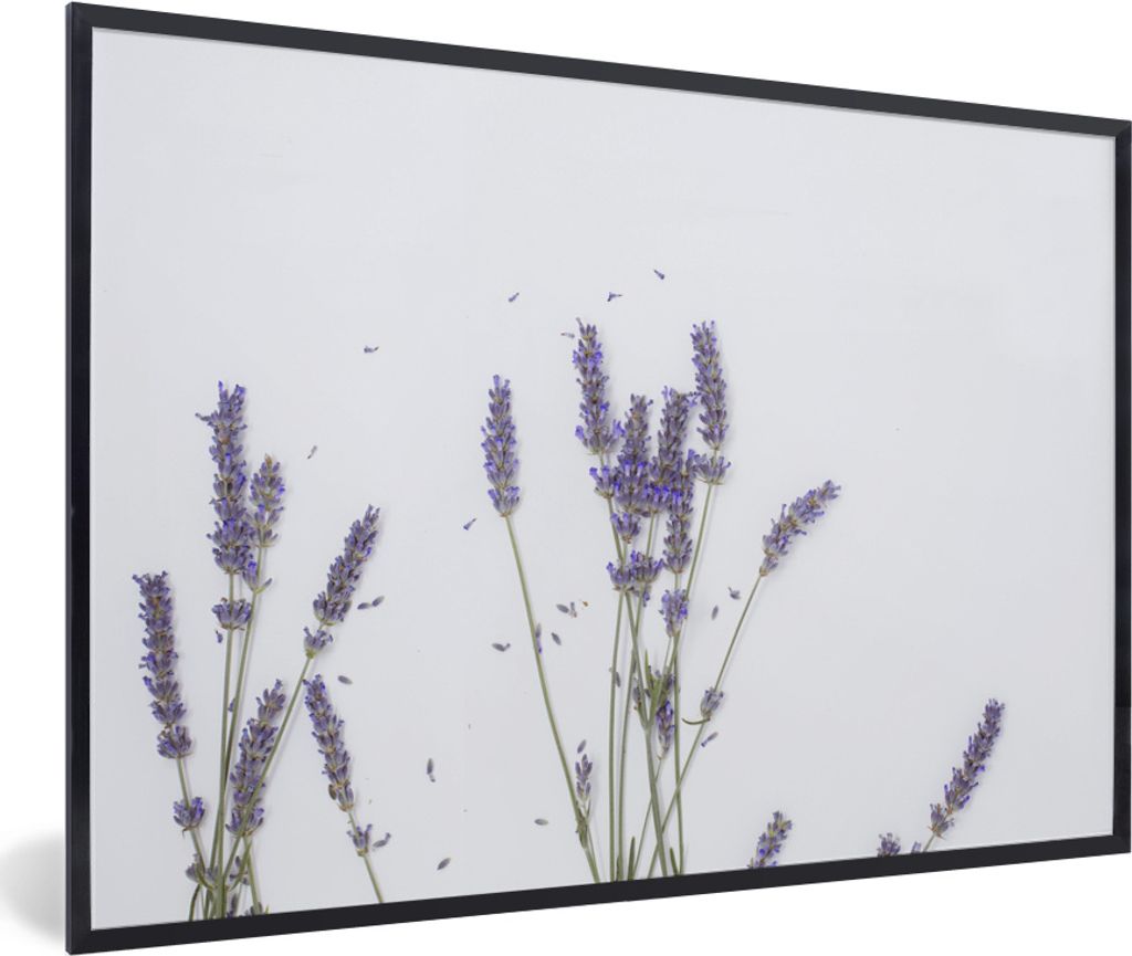 MuchoWow MuchoWow Gerahmtes Poster Kleine lilafarbene Lavendelblüten gegen einen grauen Himmel 60x40 cm - Poster mit zchwarzem Bilderrahmen - ...