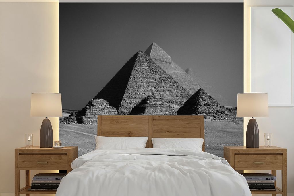 MuchoWow Fototapete für Wohnzimmer oder Schlafzimmer Wandtapete Vinyl Motivtapete Pyramide - Ägypten - Schwarz - Weiß - 220x220 cm - Tapeten