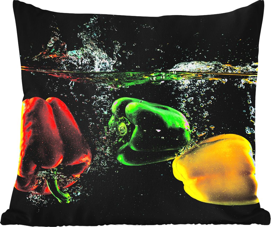 MuchoWow Outdoor Kissen - Paprika - Gemüse - Wasser - Schwarz - Rot - Grün - Gelb - 60x60 cm - Wetterfest - Lounge Kissen - Dekoration - Schlaf...