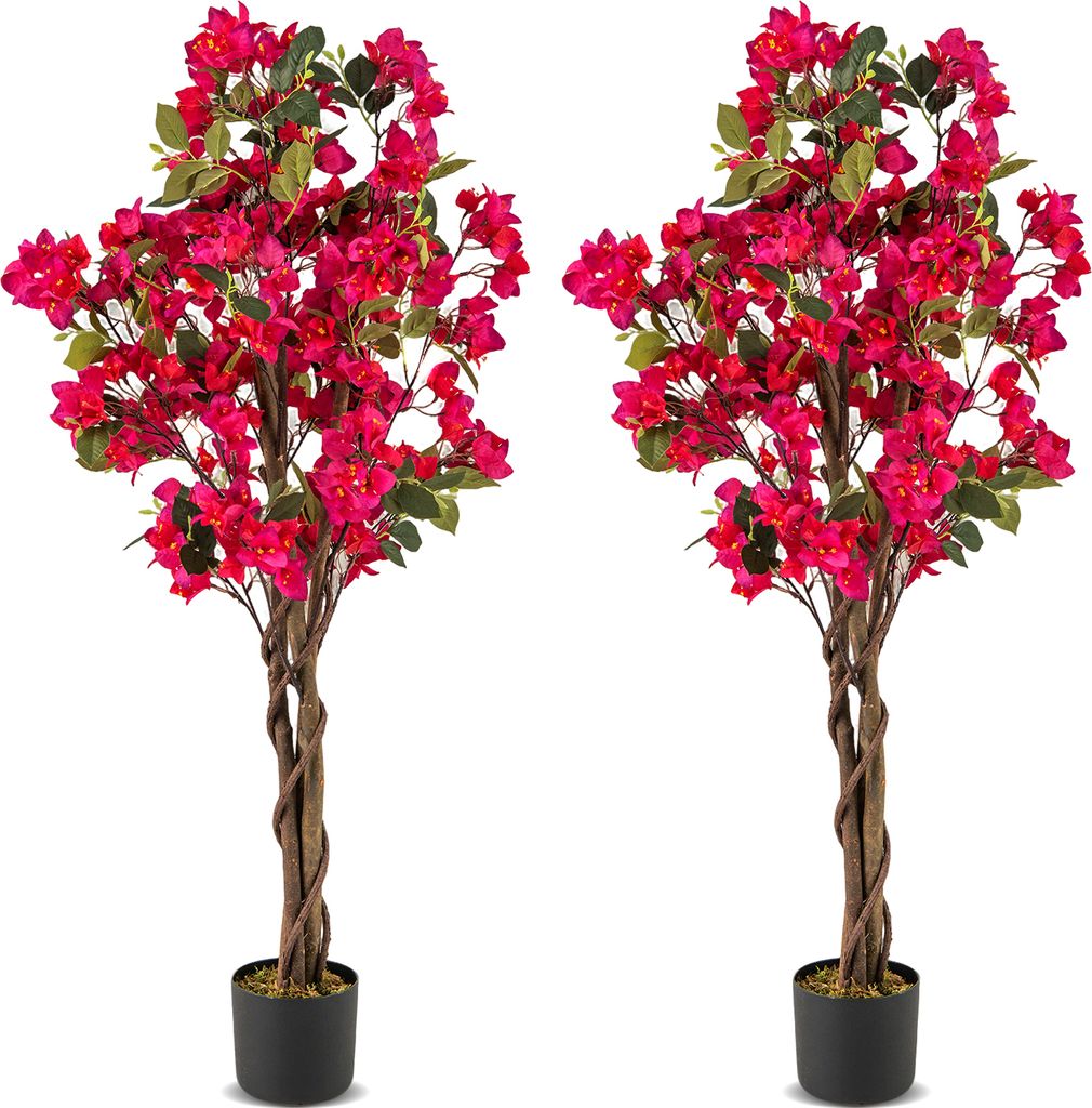 COSTWAY 120cm Kunstbäume mit Blüten 2 St., Kunstpflanze im Topf, Künstlicher Bougainvillea Baum, Fake Topfpflanze, Künstliche Pflanzen Rosa