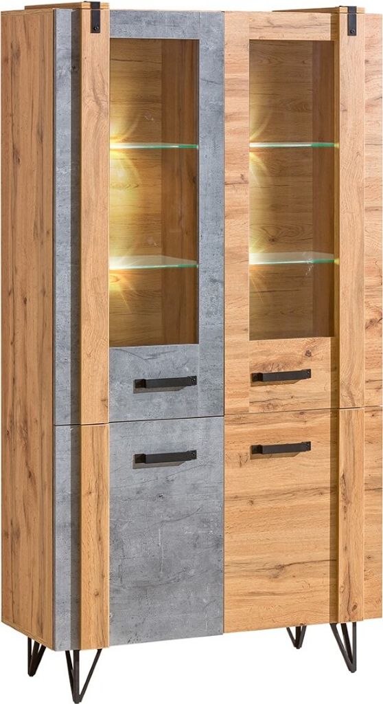 Minio, Vitrine "MILENIUM 3", 90 cm, mit LED-Belechtung, mit Metallfüßen, Wotan Eiche / Beton Farbe