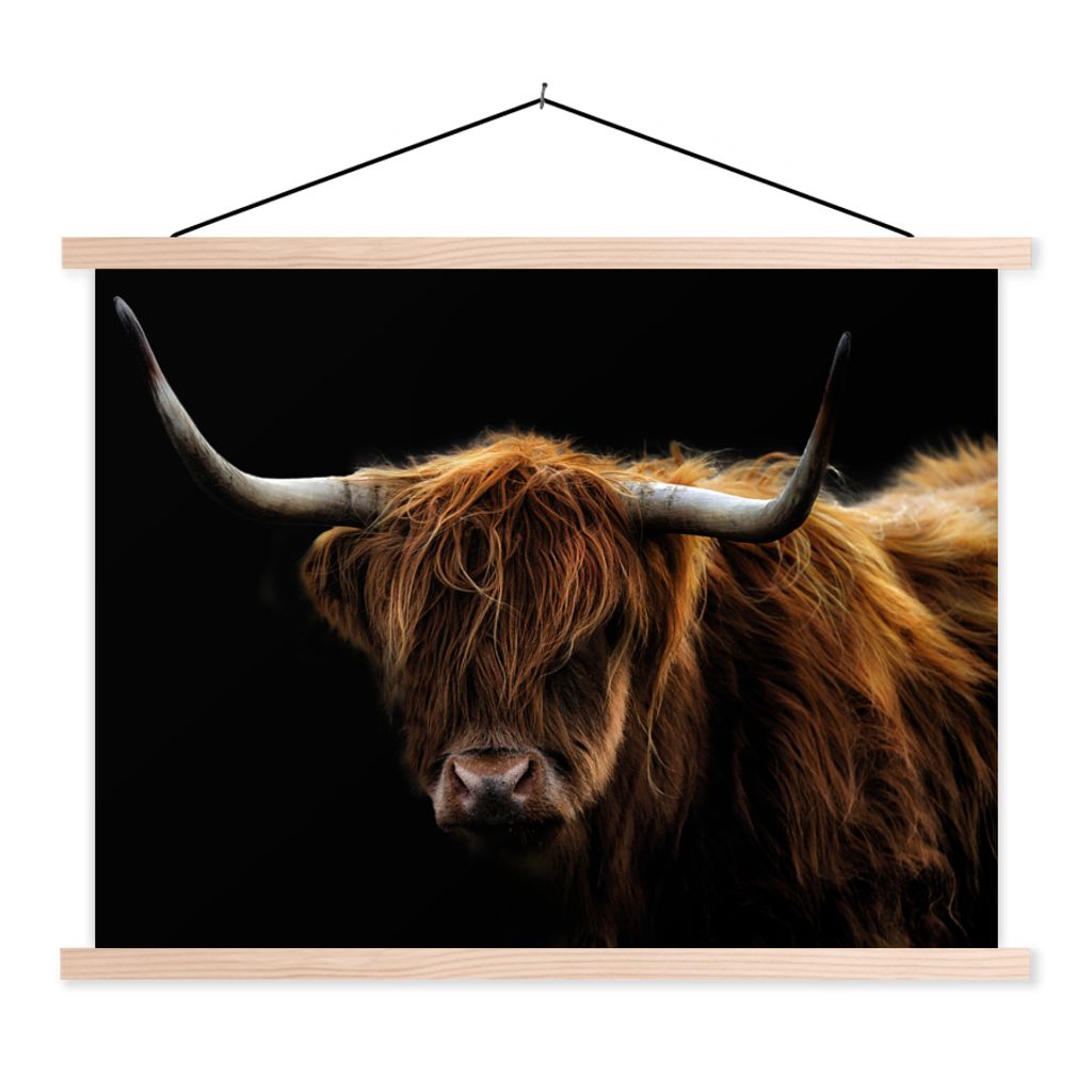 MuchoWow Textilposter Schottischer Highlander - Hörner - Schwarz - Tiere - Natur - Wild - Kuh 120x90 cm mit holzfarbenen Rahmen - Magnetisch