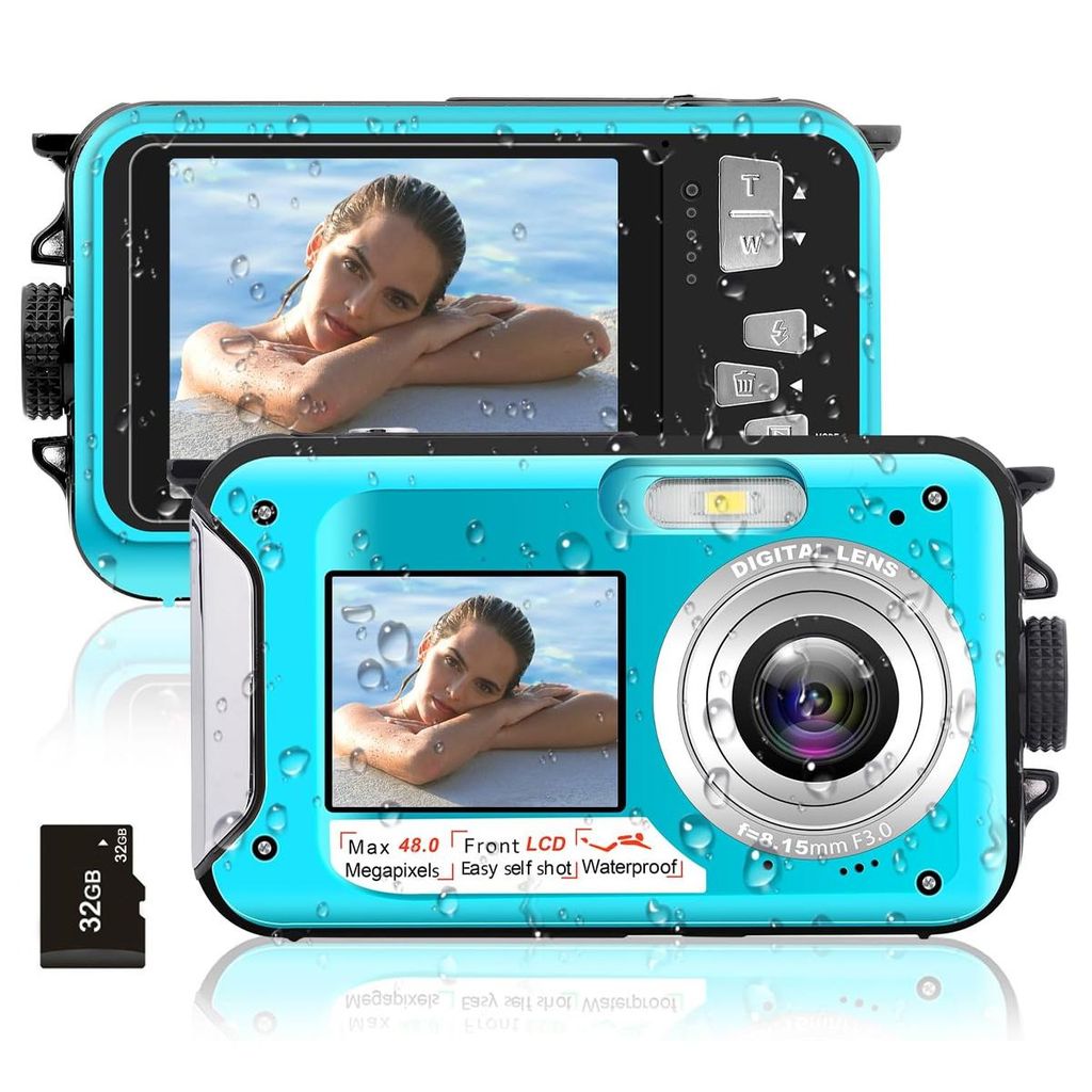 16X Digitalkamera, 4K Unterwasserkamera, 64MP Autofokus 16FT Digitalkamera wasserdichte mit 32GB Karte, Dual-Screen Selfie 1250mAh Batterie