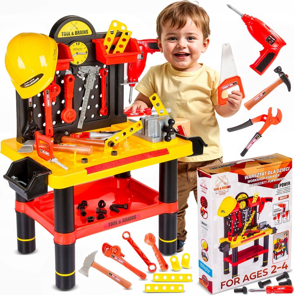 Kinderwerkbank mit batteriebetriebener Bohrmaschine und Helm – 50-teiliges Werkzeugset für Kinder, Modell KP2646