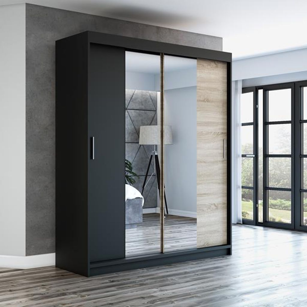 Schwebetürenschrank, 2-türig Schrank mit Spiegel! Moderne Garderobe für Kleidung. Verschiedene Farben (Weiß, Schwarz, Somona) Kleiderschrank NE...