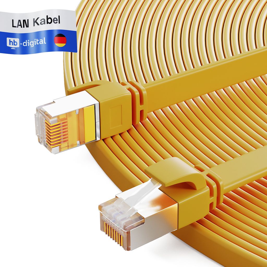 hb-digital Netzwerkkabel 10m Patch Kabel cat.7 Flachkabel RJ45 LAN Kabel CAT.7 Kupfer bis zu 10 Gbit/s U/FTP PVC gelb
