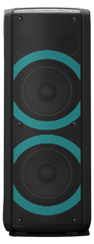 A front view of a tall, black portable Bluetooth speaker with two large teal-colored curved accents.