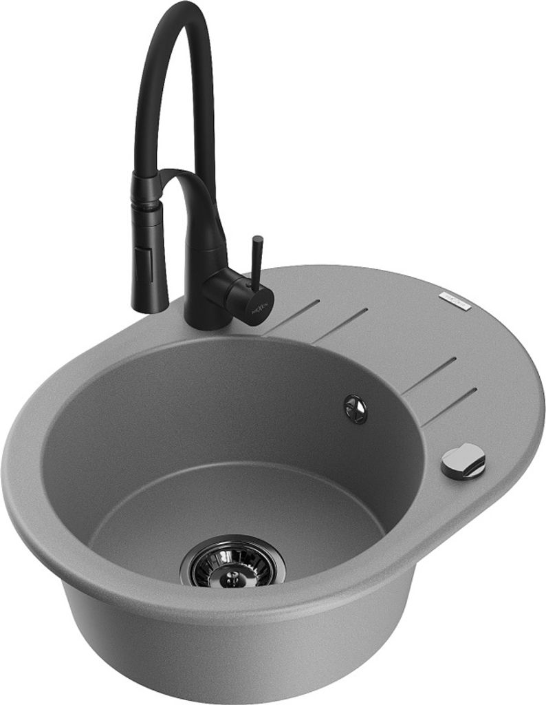 Mexen Kevin 1 Becken-Granitspüle mit Abtropffläche und Mischbatterie Aster, Grau - 6517-71-73450-70-B