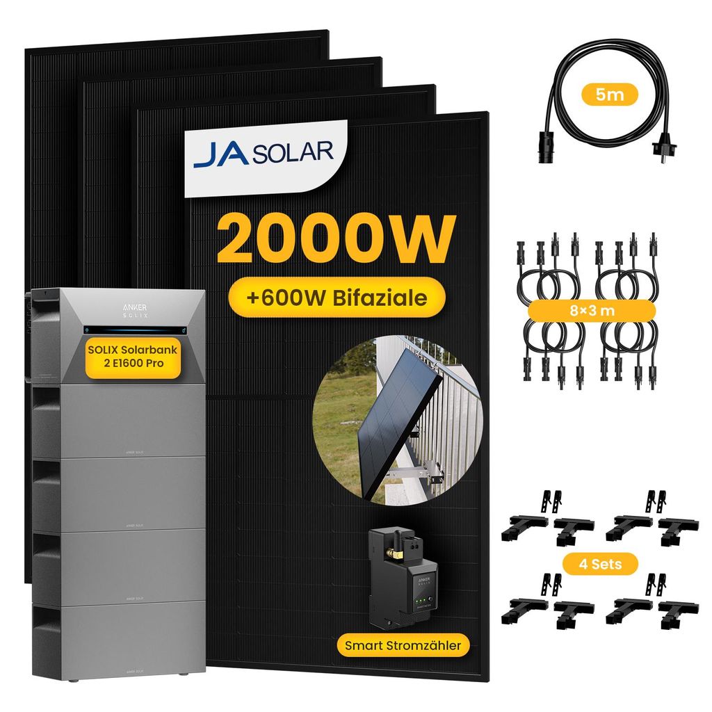 Powerness Balkonkraftwerk mit Speicher,Anker Solarbank 2 E1600 Pro mit 4x BP1600 Erweiterungsakku und 4x 500W JASolar Module,4x Balkon-Haken Halte...