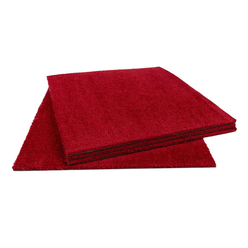 Velours Teppichboden als Fliesen in 50x50 cm Selbstliegende Teppichfliesen rot für Schlafzimmer und Wohnzimmer Velour Teppich Fliesen flauschig