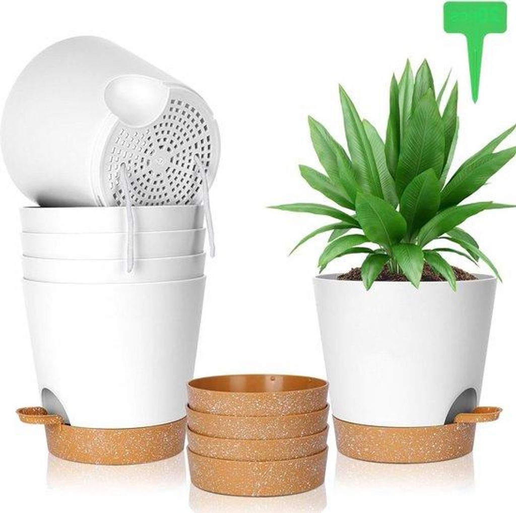 Kunststof bloempotten 20 x 19 cm met onderzetter en plantenetiketten, zelfbewaterend balkon- en binnenplanten systeem