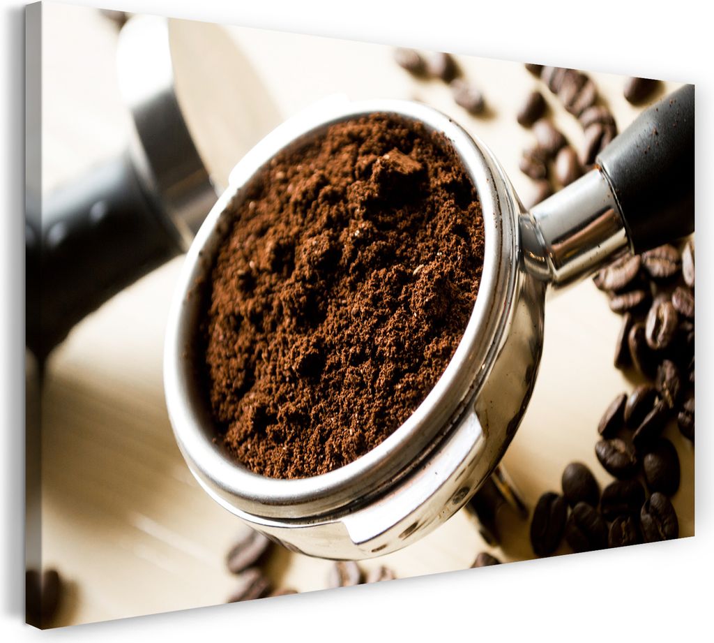 Leinwandbild (80x60cm): Wandbild Küchendeko Kaffee Cappuccino Kaffeebohnen Siebträger, echter Holz-Keilrahmen inkl. Aufhänger, handgefertigt in ...