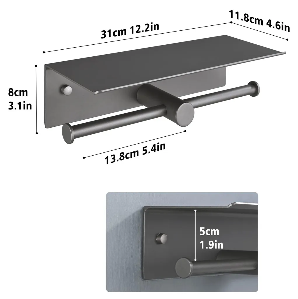 Support papier WC double sans perçage avec tablette de rangement 31cm