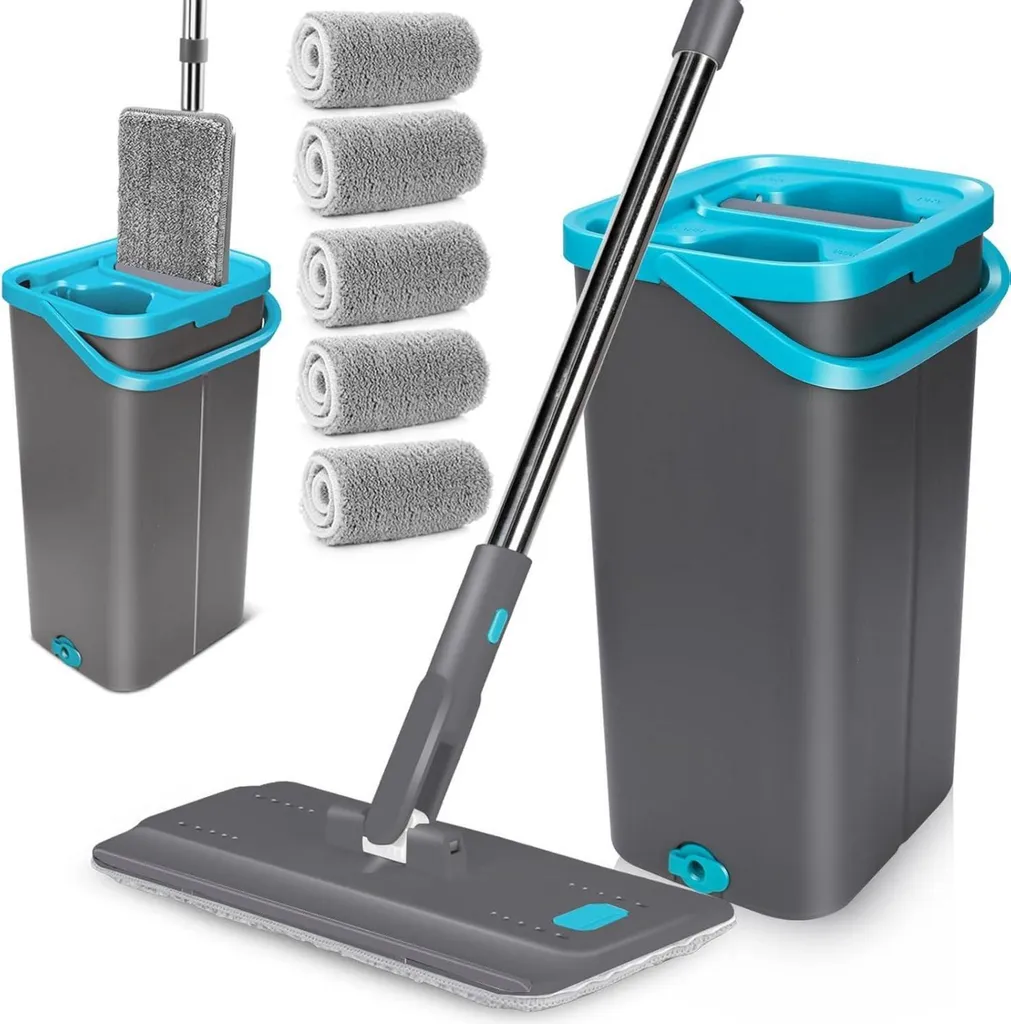 Set di mop con secchio e 6 pad in microfibra, manico in acciaio inox, funzione di strizzatura, tutti i tipi di pavimento