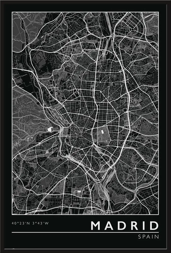 Plan de ville Madrid avec cadre incassable Shinsuke vitre acrylique noir
