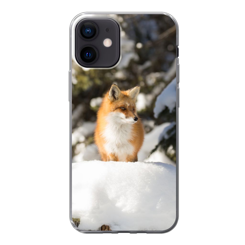 MuchoWow Handyhülle Schutzhülle Hülle für iPhone 12 Fuchs - Schnee - Baum Silikon Softcase Handy Hülle - Schutzhülle