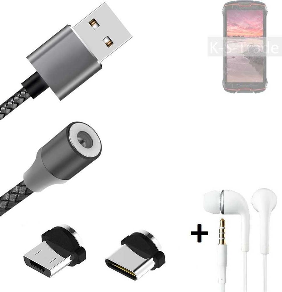 K-S-Trade Hochwertiges Magnet-Lade-kabel Sync-Kabel Daten-Kabel + Kopfhörer kompatibel mit Cubot King Kong Mini 2 Pro mit USB-Typ-C-Anschluss und