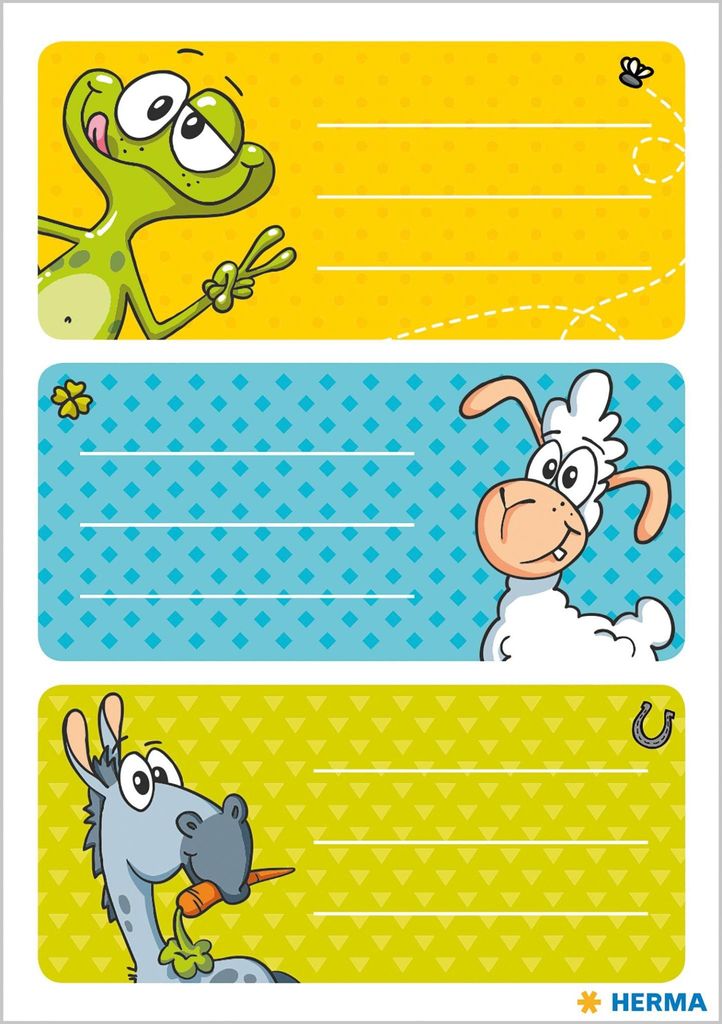 HERMA 5516 Buchetiketten zum Beschriften Witzfiguren, 9 Stück, 76 x 35 mm, selbstklebend, liniert, Buchaufkleber für Schule Kinder Mädchen Junge...