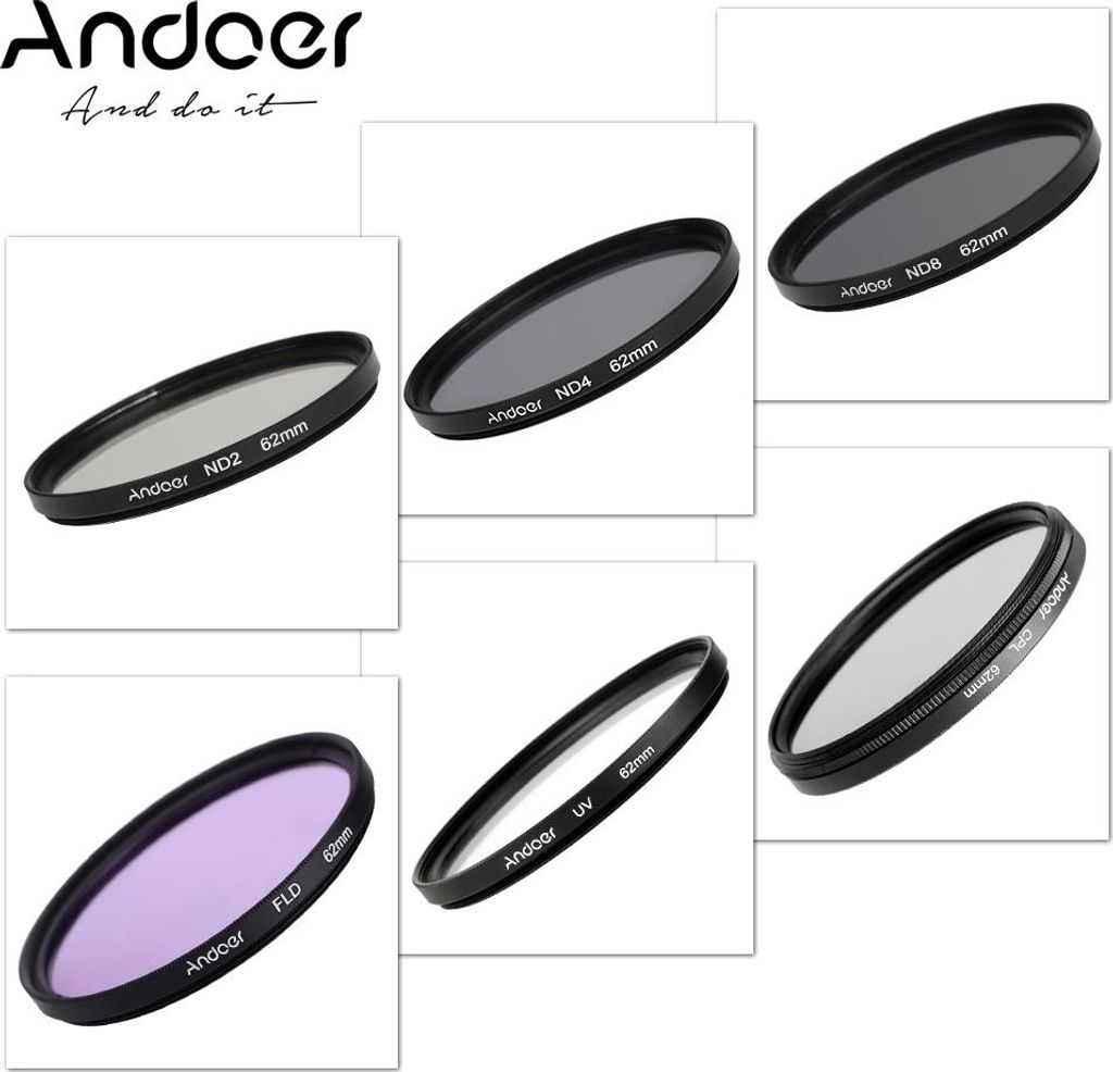Andoer 62mm UV + CPL + FLD + ND(ND2 ND4 ND8) Fotografie Filter Kit Set UV Circular Polfilter fluoreszierende Graufilter Filter fuer Canon Nikon Son...