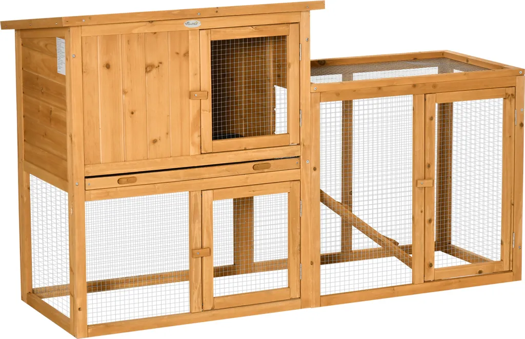 Gabbia per Conigli PawHut 141cm: Legno d'Abete e Design a 2 Livelli