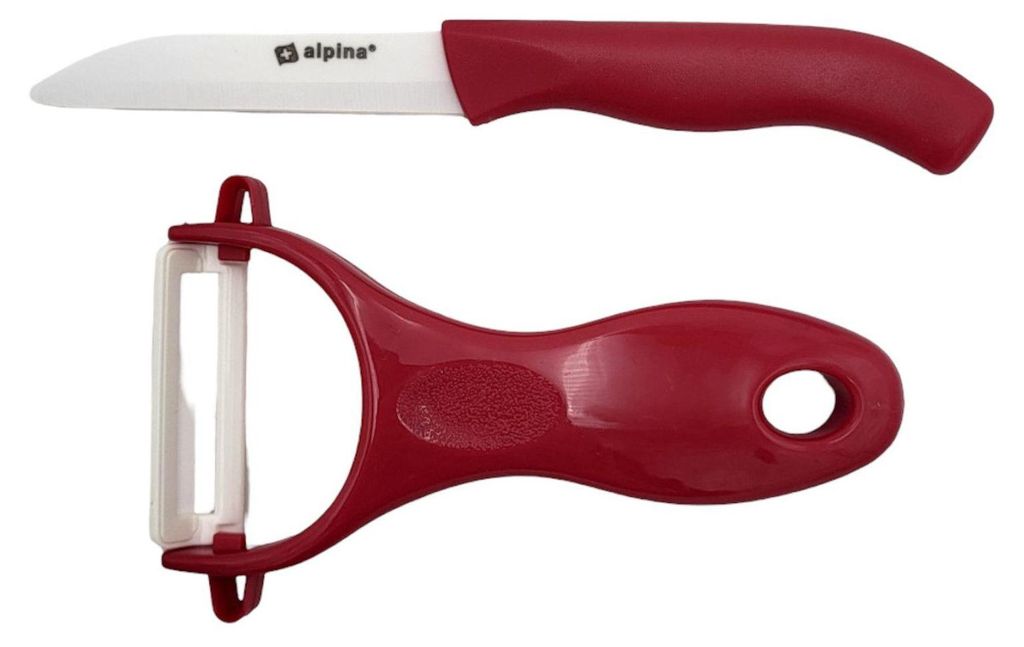 Alpina Keramik Sparschäler & Messer 2er-Set Küchenmesser Obstschäler Gemüseschäler Küchenhelfer Schneidset , Farbe:rot