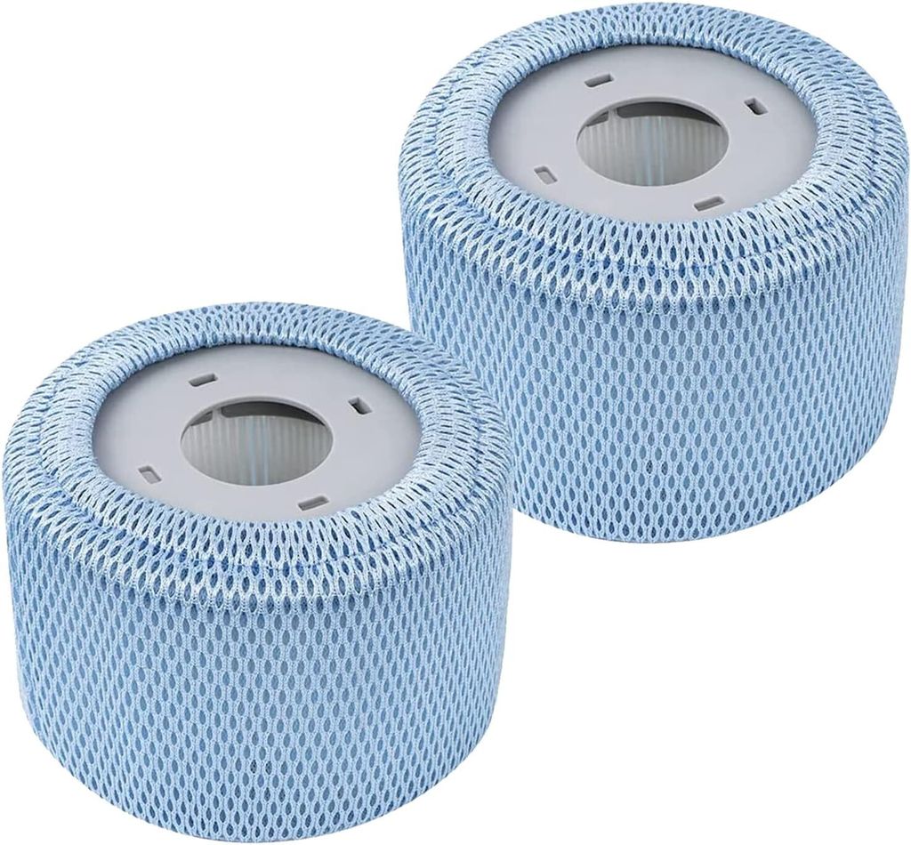 Two blue mesh filter covers for a hot tub.