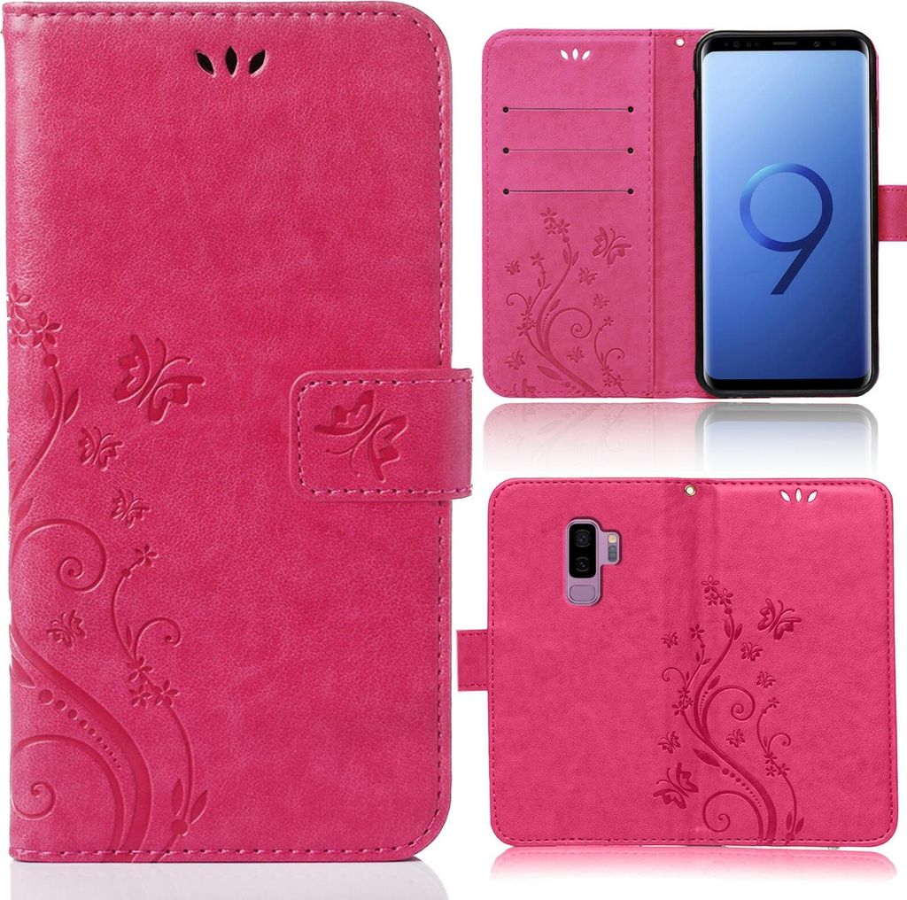 A collage of images showing a pink flip phone case with a floral and butterfly design, including views of the case open and closed, and a phone inside.