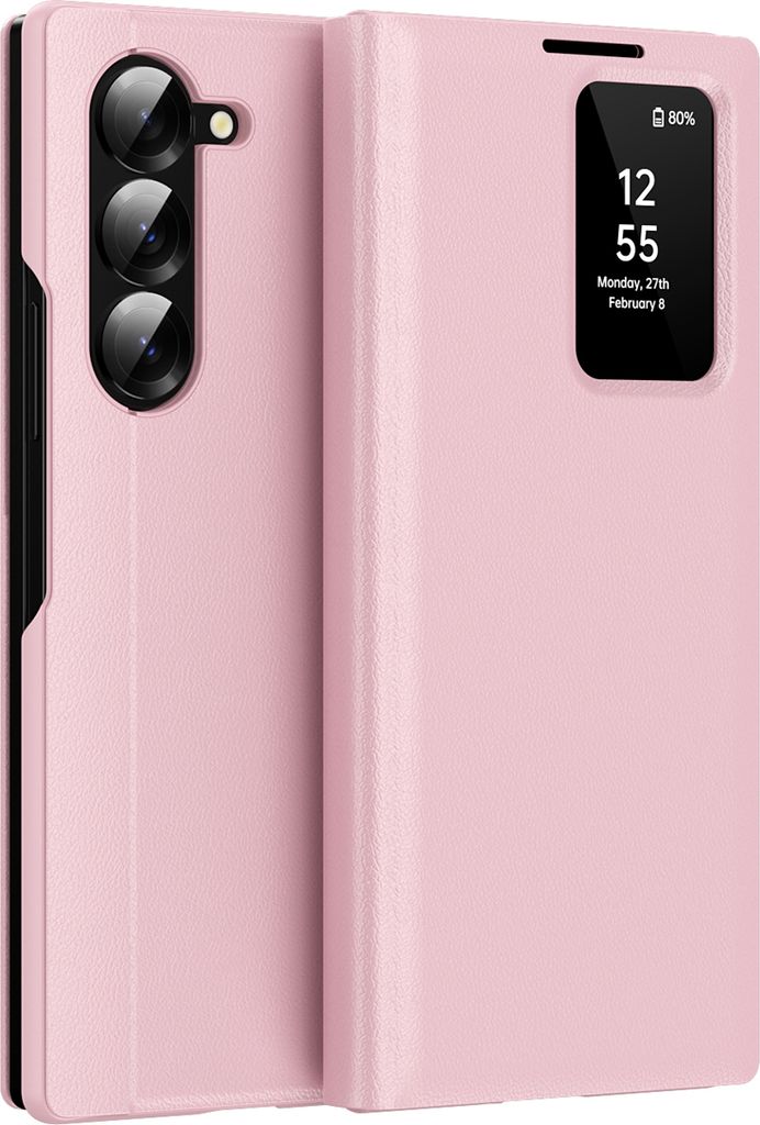 Leder Flip Case für Samsung Galaxy Z Fold 6, Smart View Fenster Handyhülle mit Kartenfach Pink