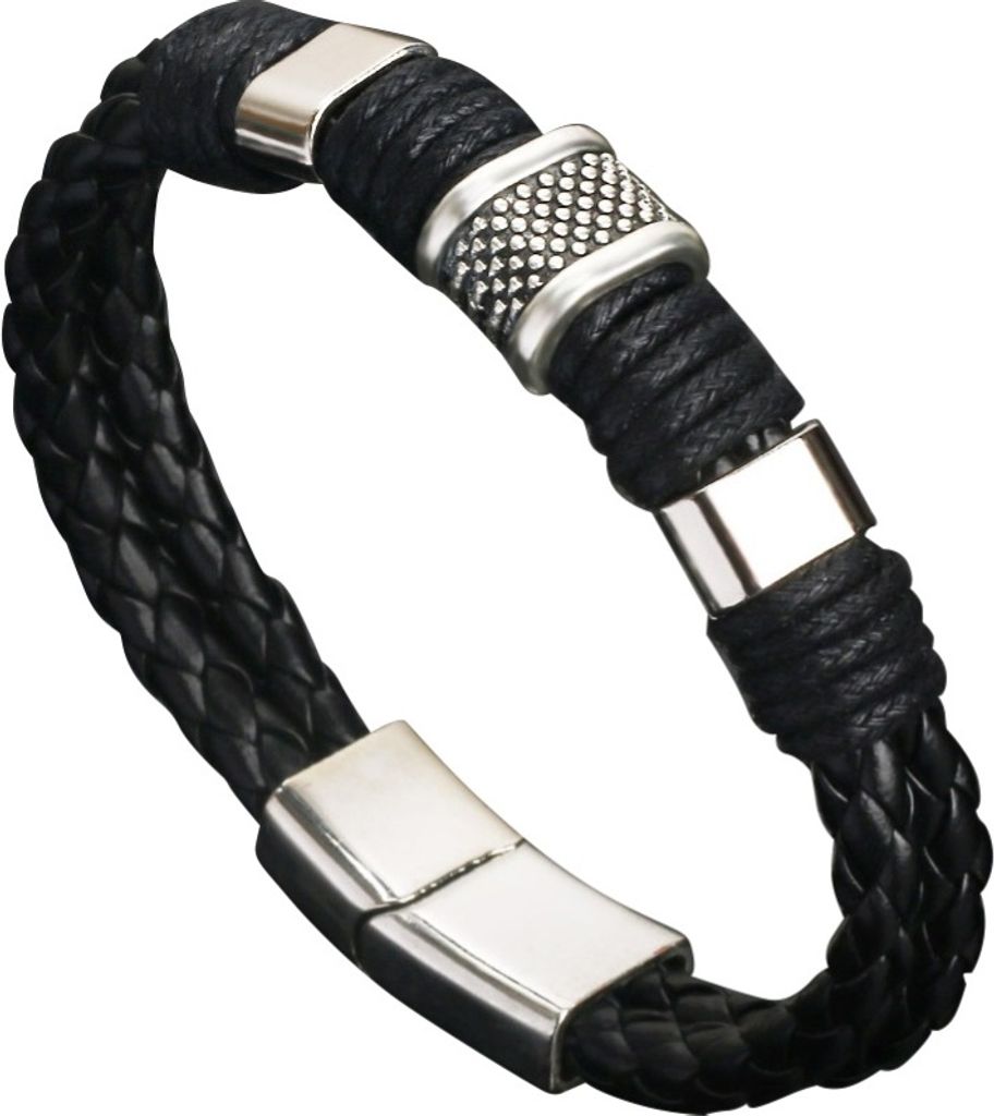 Modisches Herren-Armband aus zweilagigem geflochtenem Kunstleder mit Magnetverschluss als Geschenk-Schwarz