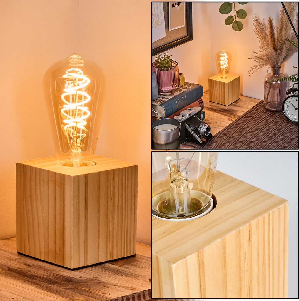 Caselette Tischlampe aus Holz in Naturfarben mit Schalter am Kabel