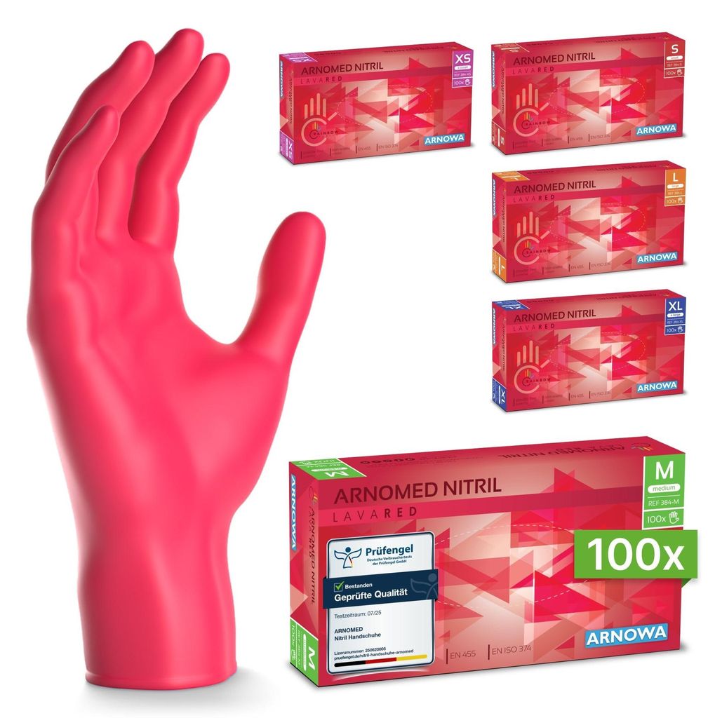 ARNOMED Nitril Handschuhe in Rot, bunt und strapazierfähig, Größe M | Box (100 Stück)