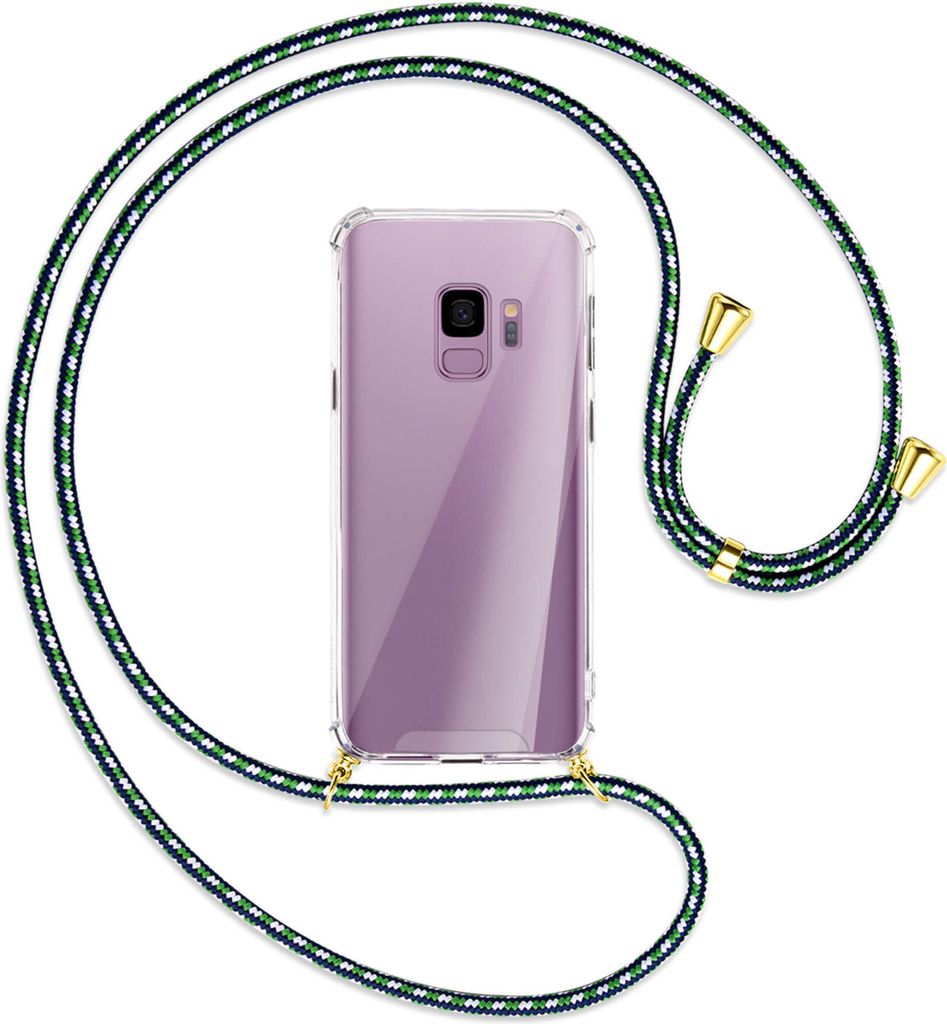Handykette Backcover-Schutzhülle mit Band (Metall goldfarben) für Samsung Galaxy S9 - grün/blau/weiß
